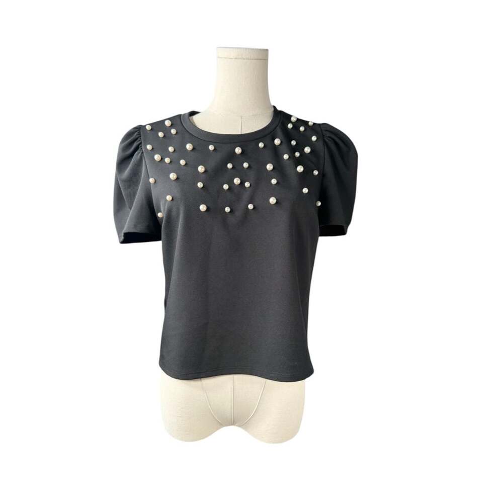BCBGeneration Black Short Puff Sleeve Pearl Embellished Top Sz. M